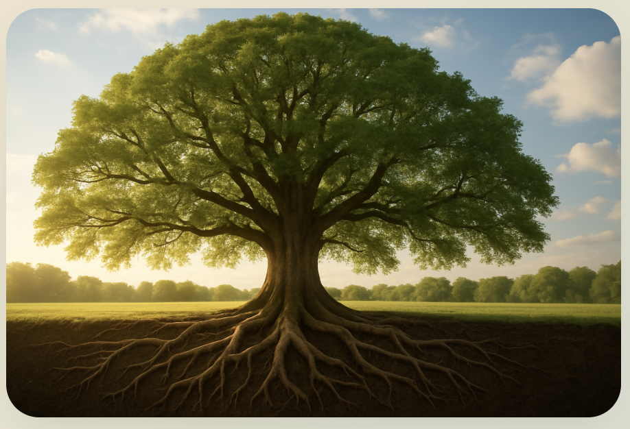 A tree with a full green canopy and deep roots — symbol of Grounded Growth